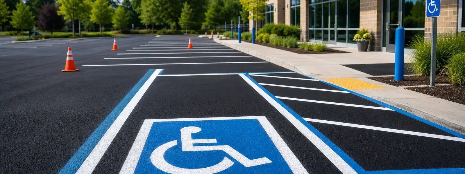 Accessible parking space pavement markings and fresh striping